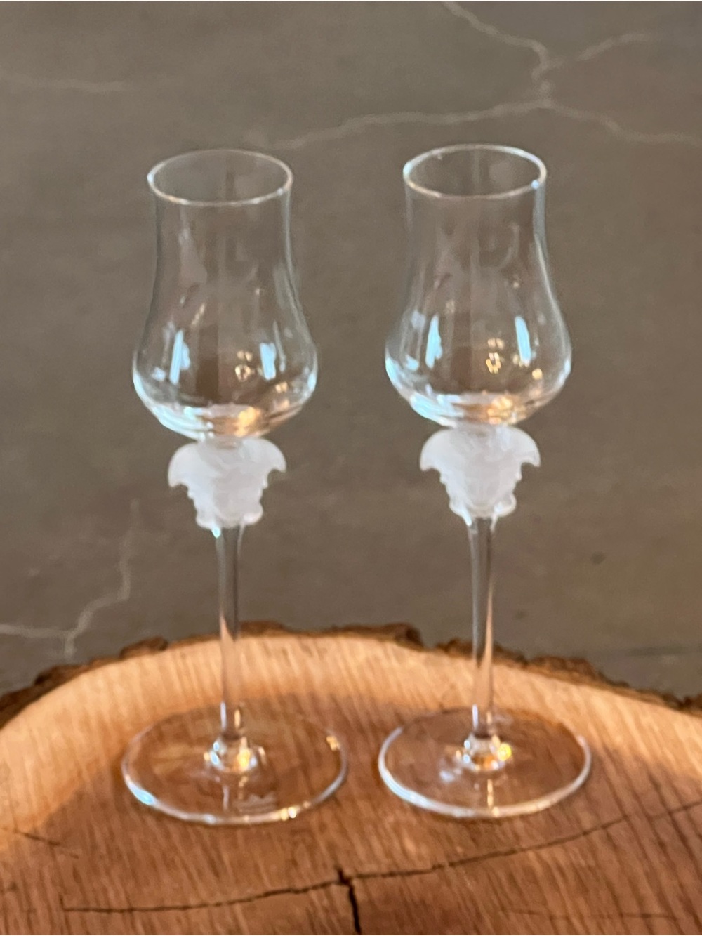 Versace Clear Crystal Cordial Glasses with Frosted Medusa Stem - Pair